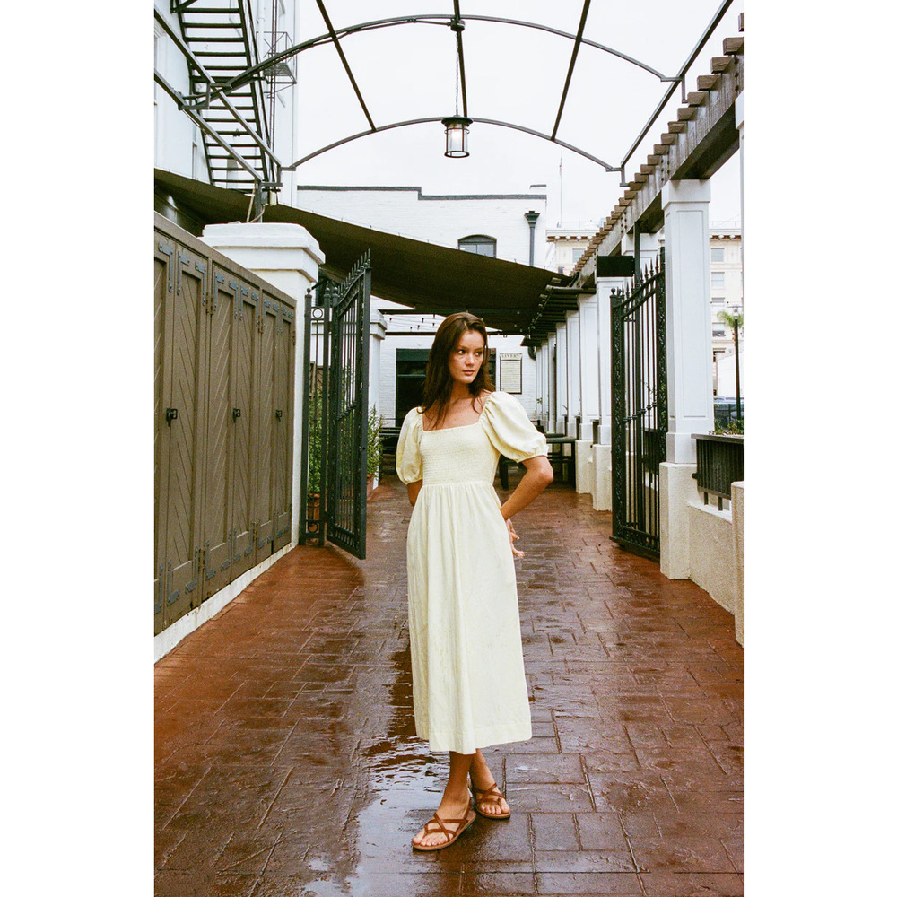 Puffed Sleeved Shirred Midi Dress Square Neck Side Pockets Soft Yellow S